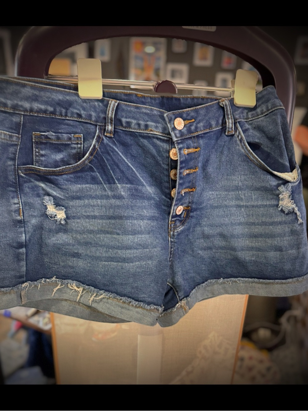 High-Rise Distressed Denim Shorts - Blue